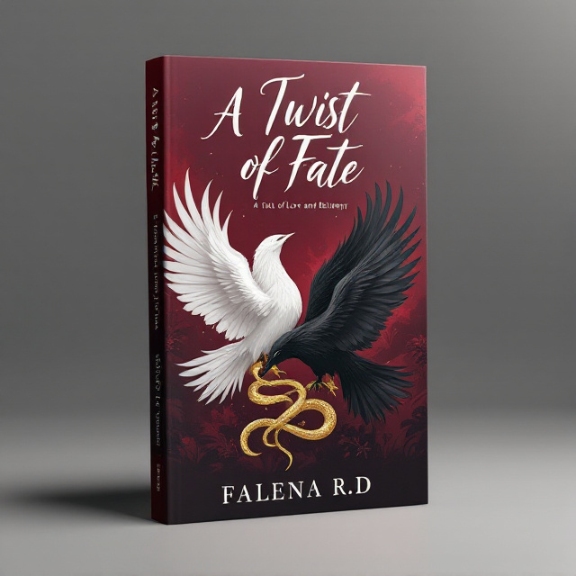 The cover features a white raven and a black raven intertwined in a graceful dance, symbolizing the complex connection between the main characters. A golden snake slithers across the bottom, representing the sinister stalker. The background is a gradient of wine red, evoking the passionate and intense emotions of love and betrayal.