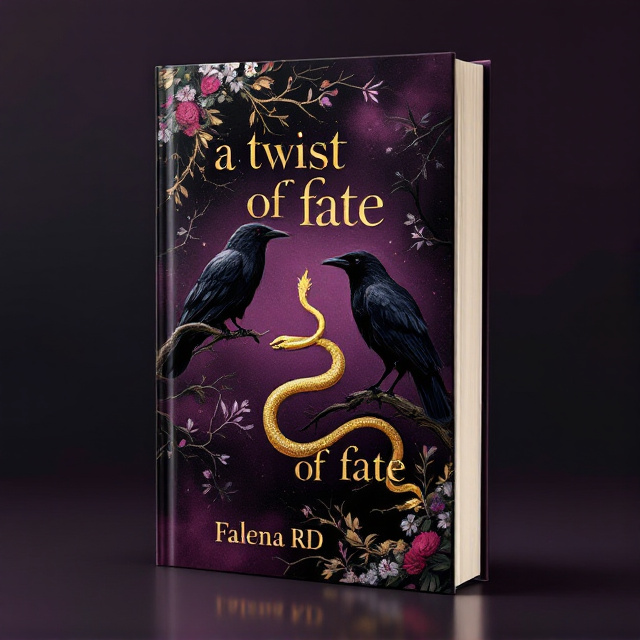 The cover features a plum-colored background with a gradient effect, transitioning from a darker shade at the top to a lighter shade at the bottom. On the right side, there is a black raven perched on a branch, facing towards the left side where a white raven is also perched on a branch. In the center, a golden snake slithers, intertwining with the branches of the ravens. The composition creates a sense of tension and intrigue between the birds and the snake.