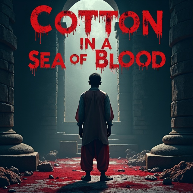 The cover features a young ancient Indian man standing in the center of a dimly lit castle. He is wearing traditional clothing and his face is filled with fear and sadness. The castle walls are stained with blood, and a knife is prominently displayed in the foreground. The overall tone is dark and eerie, creating a sense of tension and panic.