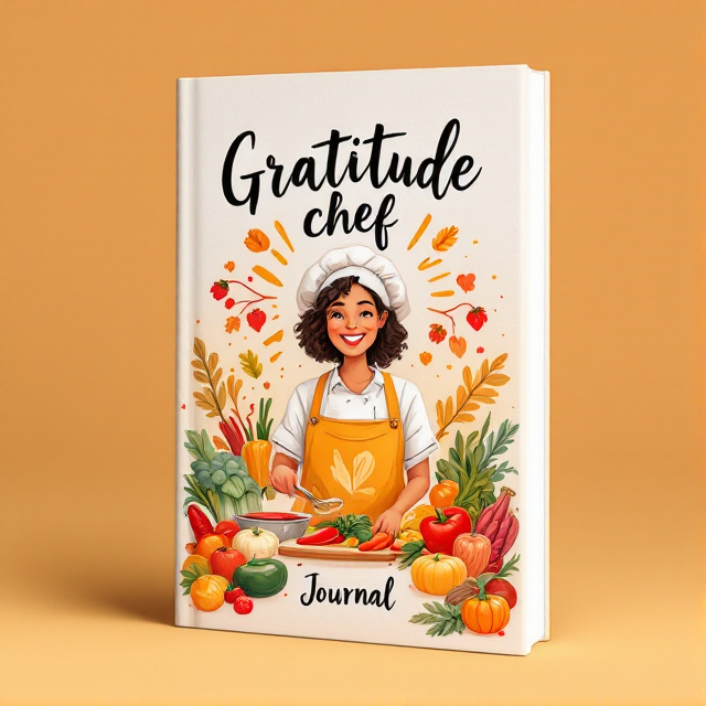 An illustration of a chef with a big smile, surrounded by vibrant ingredients such as vegetables, fruits, and spices. The chef is seen cooking in a kitchen filled with warmth and love, with rays of gratitude emanating from the food.