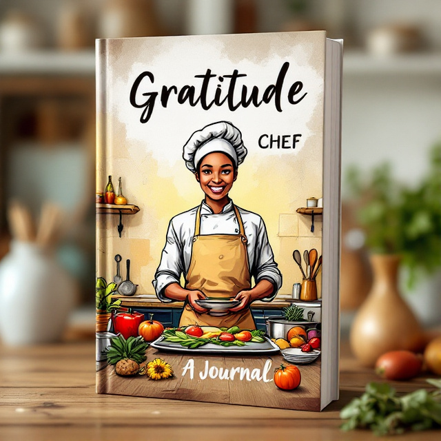 The cover features a digital illustration of a brown-skinned chef standing in a kitchen, surrounded by cooking utensils and ingredients. The chef is shown preparing a meal of gratitude, love, peace, and forgiveness, with vibrant colors and a warm atmosphere.