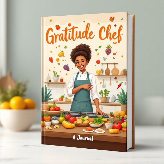 The cover features a digital illustration of a brown-skinned chef, standing in a kitchen and preparing a meal. The chef is surrounded by floating ingredients of gratitude, love, peace, and forgiveness, represented as vibrant and colorful illustrations. The overall style is warm and inviting, with a touch of playfulness.