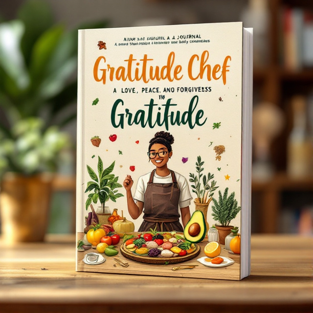 The cover features a digital illustration of a brown-skinned chef standing at a table. The chef is surrounded by various ingredients representing gratitude, love, peace, and forgiveness. In the center of the table, there is a beautifully arranged meal, symbolizing the chef's preparation of gratitude. An avocado with glasses sits on top of the meal, adding a playful touch.