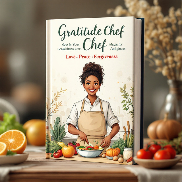 The cover features an illustration of a brown-skinned chef in a kitchen, surrounded by various ingredients. The chef is shown preparing a meal using the ingredients gratitude, love, peace, and forgiveness. The scene exudes warmth and a sense of abundance.