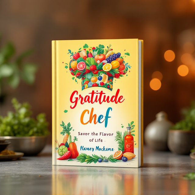 The cover features a colorful illustration of a chef's hat made from various ingredients, such as fruits, vegetables, and spices. Surrounding the hat are vibrant illustrations of different dishes, representing the "flavor" of life. The background is a warm, inviting color palette that evokes a sense of gratitude and joy.