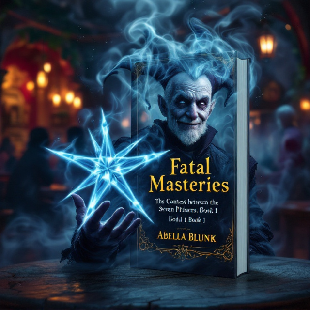 A striking scene with the older man depicted as a shadowy jester, with wisps of ethereal smoke forming his form. He gazes directly at the viewer with a mischievous grin, holding an animated storytelling gesture. The medieval dive bar in the background is dimly lit, with patrons visible only as silhouettes, creating an air of intrigue. In the foreground, a mystical seven-spiked star floats beside him, softly glowing. The color palette is dominated by deep blues, purples, and golds to evoke mystery and wonder.