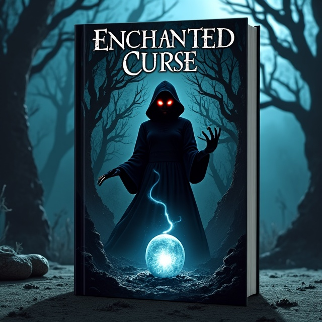 A shadowy, twisted forest in the background with gnarled, leafless trees. An ominous, darkly dressed witch figure with glowing red eyes and outstretched claw-like hands emerging from the shadows. A shattered crystal orb at the witch's feet, with faint wisps of smoke ascending from it.