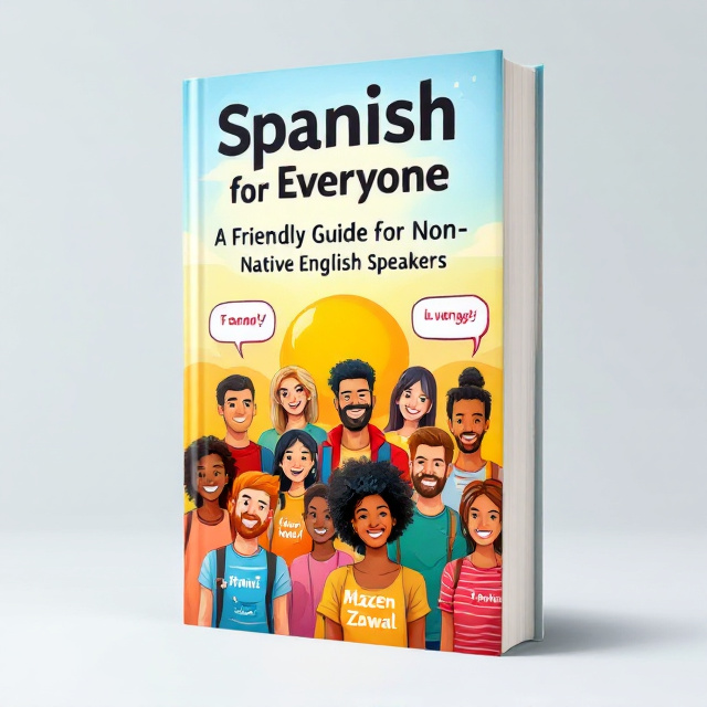 A cheerful illustration of a diverse group of smiling people, each holding a speech bubble with simple Spanish phrases, set against a sunny, colorful background. The visual elements are vibrant, creating a feeling of community and learning together.