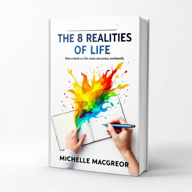 A blank, open notebook lies on a white background, with a hand holding a pen poised to write. From the notebook, vibrant red, yellow, green, and blue colors burst forth in dynamic shapes and patterns, symbolizing creativity and transformation. The colors should blend seamlessly and give a sense of movement and excitement. The background remains clean and minimalist to draw focus to the central image.