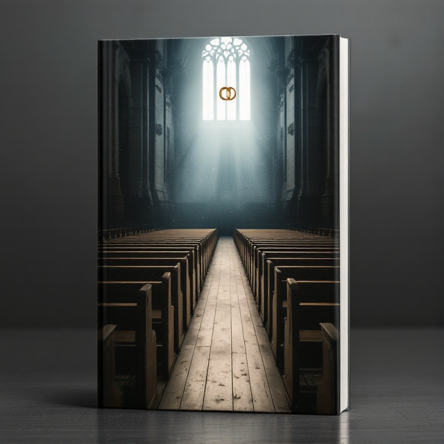 The cover depicts an interior view of a grand yet somber church, with the viewer's perspective focused on long wooden pews that stretch into the distance, symbolically splitting in two. A subtle stain of light filters through a high window, casting a soft, ethereal glow across the rows, suggesting a journey from sadness to hope. Above, a small, symbolic illustration of a broken wedding ring floats, hinting at themes of divorce and redemption.