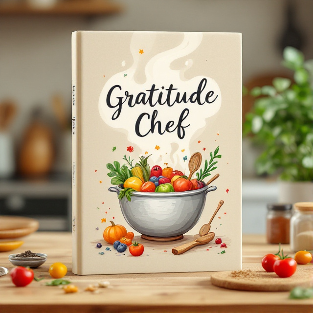 A warm and inviting cover with illustrated kitchen elements like utensils, plates, bowls, and jars of spices scattered playfully. The background features a cozy kitchen counter with subtle textures. The central focus is a large, illustrated mixing bowl filled with colorful ingredients symbolizing gratitude. Above the bowl, a whimsical swirl of steam forms the title, 'Gratitude Chef.'.