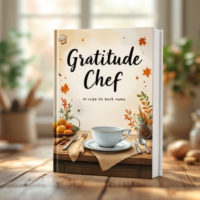 The cover features a charming and inviting kitchen scene, with a rustic wooden table set with a plate, cutlery, and various kitchen spices like cinnamon, cloves, and bay leaves. In the background, gentle strokes of cream and burnt orange mimic the look of sunlight pouring through a cozy window. Playful illustrations of a chef's hat and mitten are subtly integrated, evoking a whimsical kitchen atmosphere.