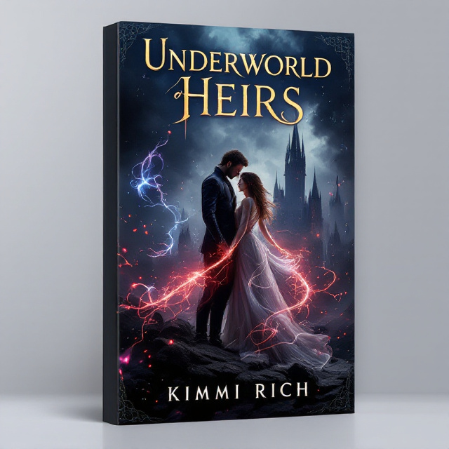 Seraphina and Lucian dominate the center of the cover, captured in a dark, fantastical embrace. Seraphina stands in front with an ethereal glow around her, her hair loose and flowing, displaying a fierce yet elegant presence. Behind her, Lucian’s intense, protective stance features one hand gently touching her shoulder. Dark, towering spires of a demon realm palace loom in the background, its silhouette cutting into a stormy gray and deep violet sky. Flickers of magical blue and red light coil around their hands and swirl from the ground. Faint glyphs and ancient runes hover subtly around them, along with the hint of Seraphina’s true demonic form in the shadows.