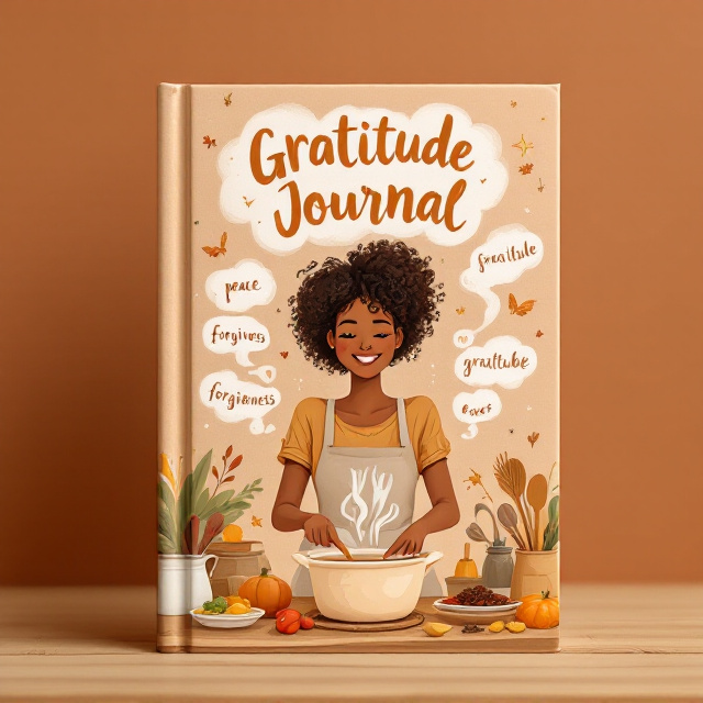 The cover features a warm, inviting kitchen scene. At the center, a brown-skinned woman chef stands smiling, delicately stirring a pot. Above the pot, whimsical steam swirls display illustrated words like "peace," "forgiveness," and "gratitude." Around her, playful illustrations of utensils, plates, and spices create a culinary ambiance. The background consists of cinnamon brown hues, with cream and burnt orange accents providing a cozy, appetizing feel.