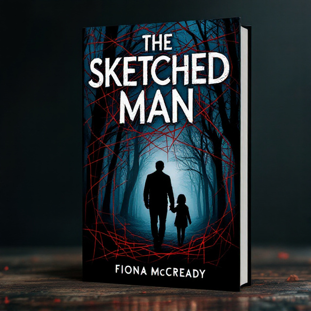 Silhouette of a man walking with his teenage daughter through a dark, dense forest. Red threads weave intricately around them, creating a maze-like pattern that extends from the image to the edges of the cover. The background is a gradient of deep, misty blues to blacks, giving a sense of depth and mystery.