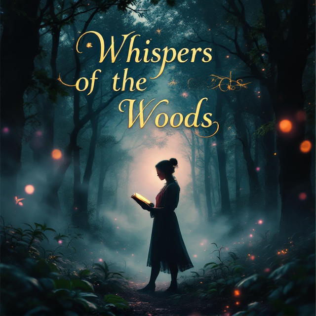 A mysterious forest at twilight with ethereal light filtering through the trees forms the backdrop. In the foreground, a silhouette of a person holding an ancient book stands amidst swirling mist. The surrounding forest is lush with deep shades of green and hints of soft purple light reflecting off the mist, while touches of gold shimmer subtly in the background.
