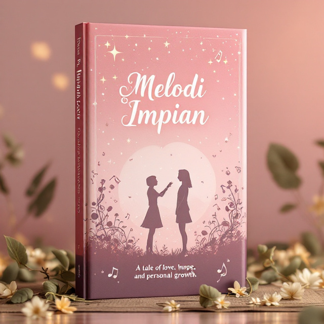 The cover showcases a soft pink background that fades gently towards the edges, maintaining a dreamy ambiance. Centrally located is the title "Melodi Impian," surrounded by delicate star graphics that impart a magical essence. Below the title, silhouettes of two figures—a fan and an idol—are depicted reaching out towards each other, set against a backdrop of intertwined musical notes and instruments, which adds a romantic and aspirational theme. At the base, a subtle banner contains the description 'A tale of love, hope, and personal growth.'.