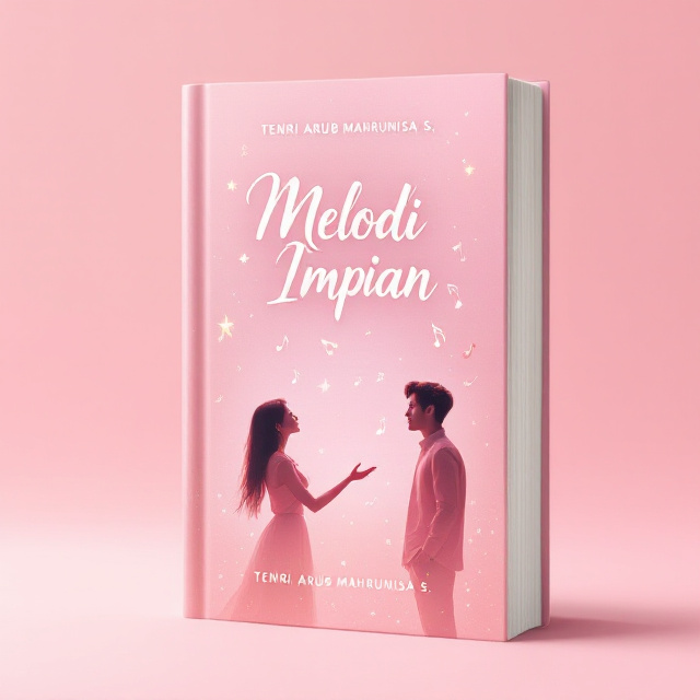 The cover showcases a soft pink gradient background that transitions smoothly from a lighter top to a slightly darker bottom. In the forefront, there are two silhouettes a female fan gazing upwards and reaching out, and a male idol leaning slightly downwards towards her, extending a hand. Surrounding the title ‘Melodi Impian’ are twinkling stars and gentle musical notes floating around, giving a magical and musical ambiance.