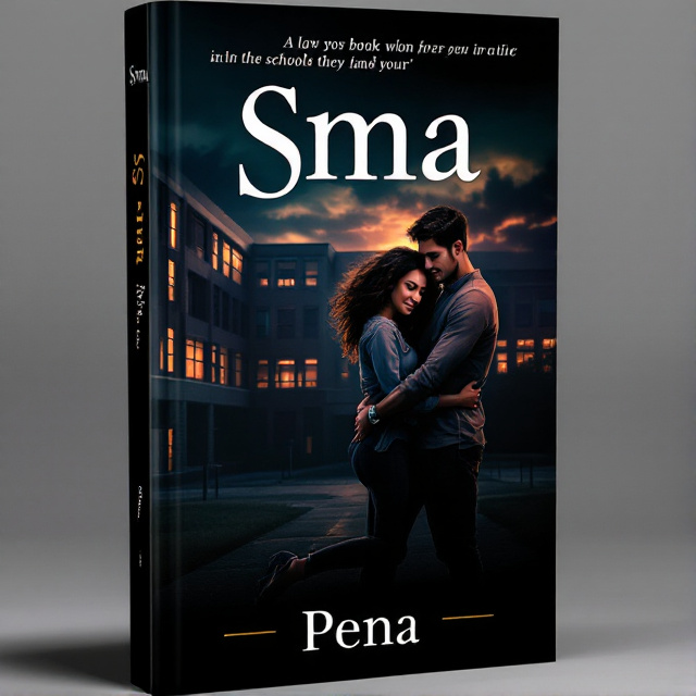 A dark, moody background depicting the exterior of a high school building under a dramatic, evening sky. In the foreground, a young couple stands in a tight embrace, their expressions showing a mixture of happiness, sadness, and intense emotion. The girl looks conflicted, while the boy holds her possessively. The shadows of the building cast over them, adding to the dark theme.