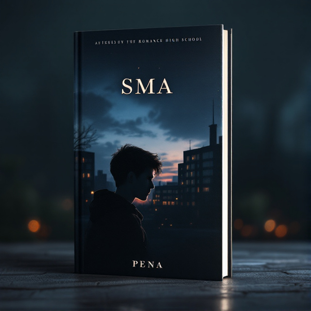 A dark, atmospheric background featuring the silhouette of a modern high school building at dusk. In the foreground, a shadowy profile of a high school boy, slightly turned, with an intense expression on his face, gazing at an object, perhaps a small light or reflection, representing his focus or emotional turmoil. The scene captures a blend of happiness, sadness, and emotion.