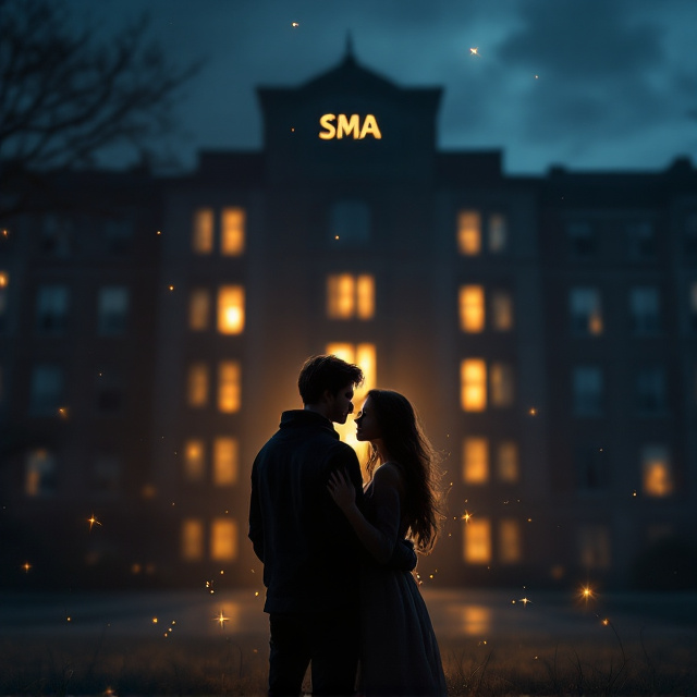 The cover features a dark, moody background of a high school building at dusk, with soft golden lights glowing from the windows. In the foreground, a couple stands close, the boy holding the girl protectively. There's an aura of mixed emotions highlighted with subtle sparkles of light surrounding them, hinting at happiness intertwined with sadness and passion.