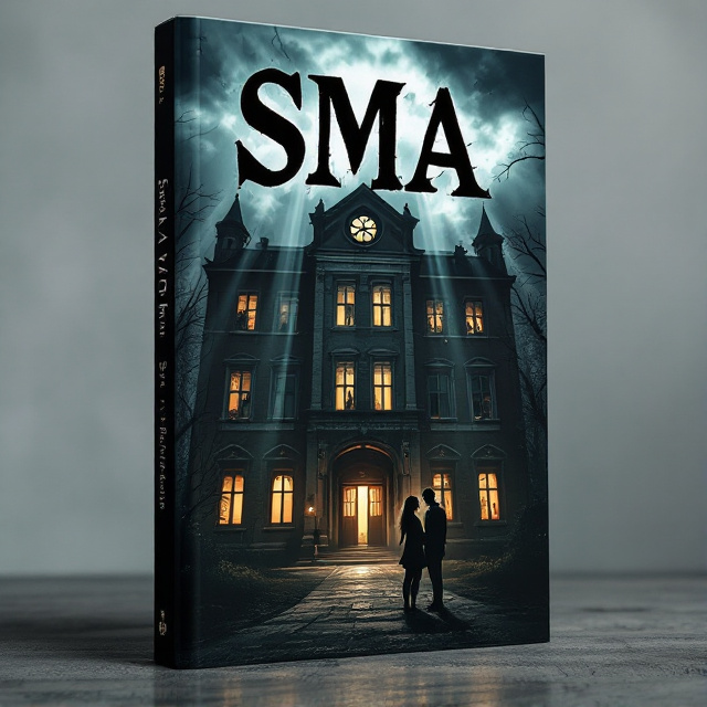 The cover features a darkened image of a school building cast in eerie shadows, with beams of light piercing through broken windows. In the foreground, a possessive couple is illustrated, with one partner casting a sinister shadow over the other, magnifying feelings of joy, sadness, and intense emotion. The background subtly hints at an overcast sky, enhancing the horror theme.