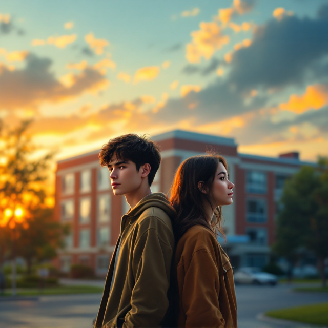 The cover features a high school building as the background, with two teenagers, a boy and a girl, standing back-to-back in the foreground. The boy and girl each have a mix of emotions visible on their faces, with subtle expressions representing happiness, sadness, and other deep emotions. The setting is during the early evening, with a warm sunset casting a golden hue over the scene.