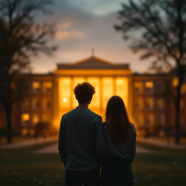The cover features a high school building in the background, illuminated with a warm, neutral lighting that adds a sense of serenity. In the foreground, a teenage boy and girl stand with their backs to each other, suggesting both connection and distance. The scene captures a moment during sunset, where the golden hour glows subtly across the entire cover, infusing feelings of happiness, sadness, and emotion.