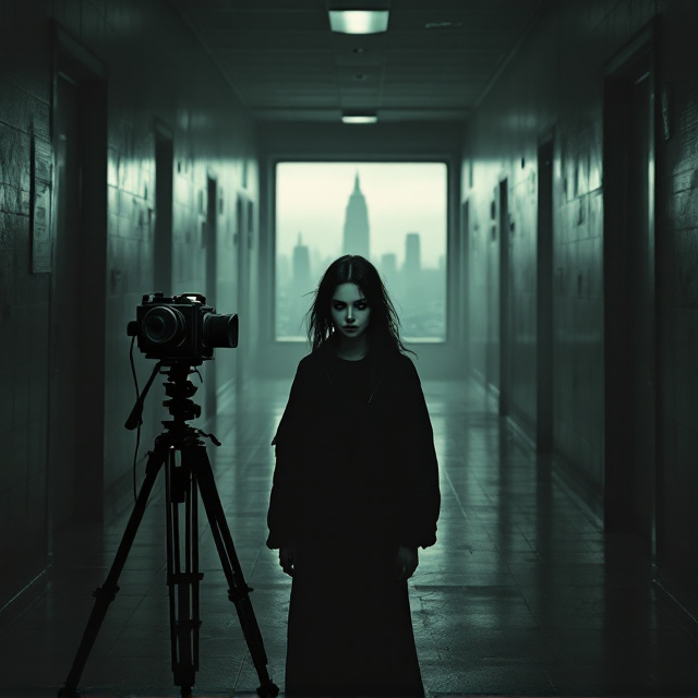 A dimly lit high school hallway stretches into the background, dominated by the silhouette of an eerie, old-fashioned camera set on a tripod in the foreground. A haunting, modern skyscraper looms in the distance through a grimy window. A teenage girl stands with a sorrowful expression, her face marred by a mysterious wound. Shadows and sepia tones evoke a sense of dread and nostalgic sadness.