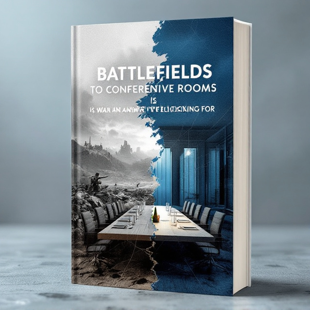The cover features a split background, the upper half showing a battlefield in shades of muted gray and sepia, while the lower half reveals a polished conference room in modern tones of blue and white. An abstract middle line made up of fragmented pieces merges the two contrasting environments, symbolizing the transition between war and diplomacy.