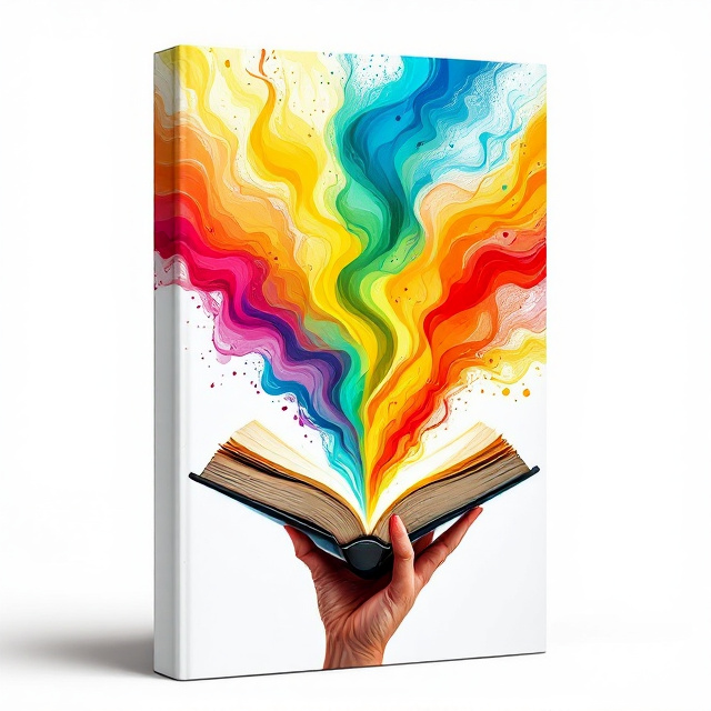A vibrant mix of swirling colors—red, yellow, green, and blue—emanates from an open journal held by a generic hand holding a pen. The colors create a dynamic sense of movement and personal transformation, suggesting thoughts and ideas emerging. The background is a clean white, emphasizing the colors and journal.
