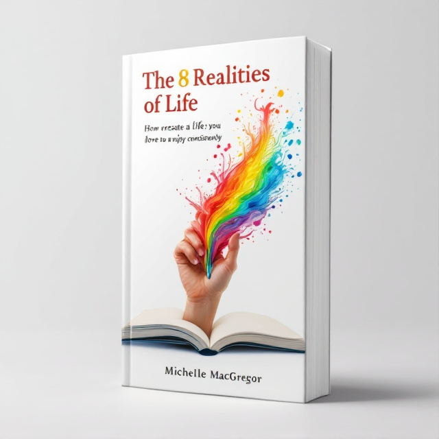 The cover features a hand, with a universal and ambiguous appearance, gracefully poised to write in a blank, open journal. The journal is situated against a clean white background. Swirling, vibrant colors—red, yellow, blue, and green—emerge from the journal, symbolizing a burst of creativity and transformation. These colors move dynamically across the cover, suggesting energy, excitement, and personal growth.