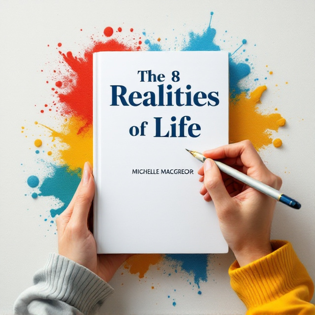 A close-up of a hand holding a pen, poised to write on a pristine, open notebook. The notebook lies flat against a light, textured background, symbolizing a blank slate for new ideas. The composition is vibrant but clean, with splashes of the four primary colors—red, yellow, green, and blue—subtly integrated around the notebook, representing diversity in life and dynamic change.