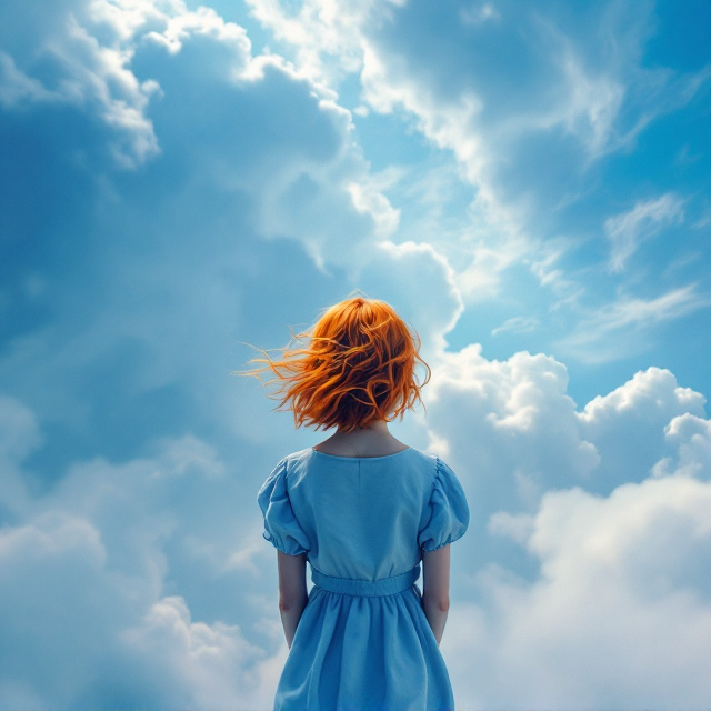 A young girl with ginger red hair stands with her back to the viewer, occupying the lower third of the cover. Her soft blue dress contrasts against a vast, open sky adorned with swirling clouds in varying shades of blue. The sky forms the backdrop, suggesting action and mystery. Her figure is slightly off-center, with the title "The Color of Suffering" in bold, dynamic letters above her head, partly overlapping with the sky.