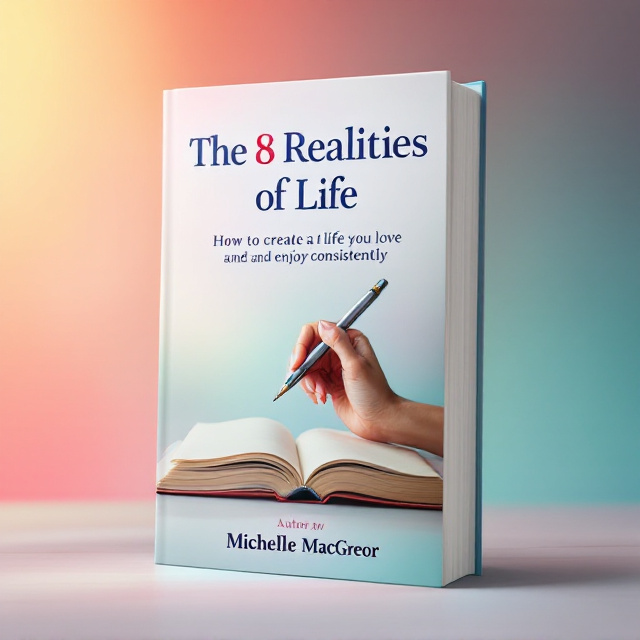 A hand poised in a gentle, natural writing position is centered on the cover, gracefully holding a pen over an open notebook with white, unmarked pages. The background is a soft, diffuse blend of the four primary colors—red, yellow, green, and blue—creating a vibrant yet soothing backdrop that evokes the energy and creativity expected in the book's themes.