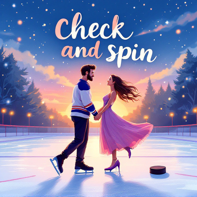 A vibrant, cartoony illustration of an ice rink at sunset creates a romantic backdrop. In the center, a charming couple is the focal point the guy in a dynamic hockey jersey and the girl in an elegant figure skating dress. They are poised mid-spin, capturing a moment of joyful laughter and eye contact. Around them, delicate snowflakes fall gently, adding a whimsical touch. A hockey puck is subtly positioned on the ice near them, tying together the elements of their world.