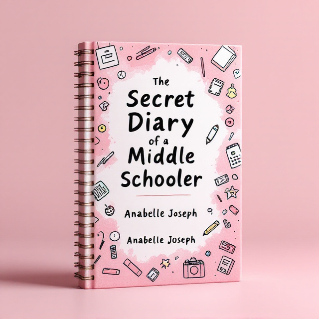 A central image of a diary with doodles around it, featuring school supplies and small illustrations of a middle school setting, such as lockers and classroom elements. The background is a subtle, pastel pink with faded, watercolor-style edges to convey mixed emotions.
