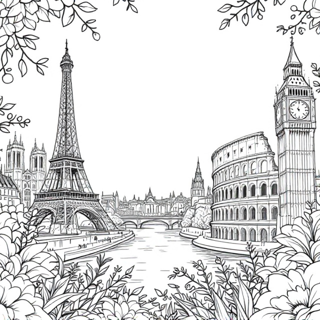The cover features a seamless black outline illustration set against a stark white background. Prominently, the Eiffel Tower and Big Ben stand on either side, with the River weaving through the middle. In the foreground, lush, outlined flowers act as borders to frame the image. To the left A majestic Cathedral provides balance, while the grandeur of the Colosseum appears to the right, completing the iconic European landmarks theme.