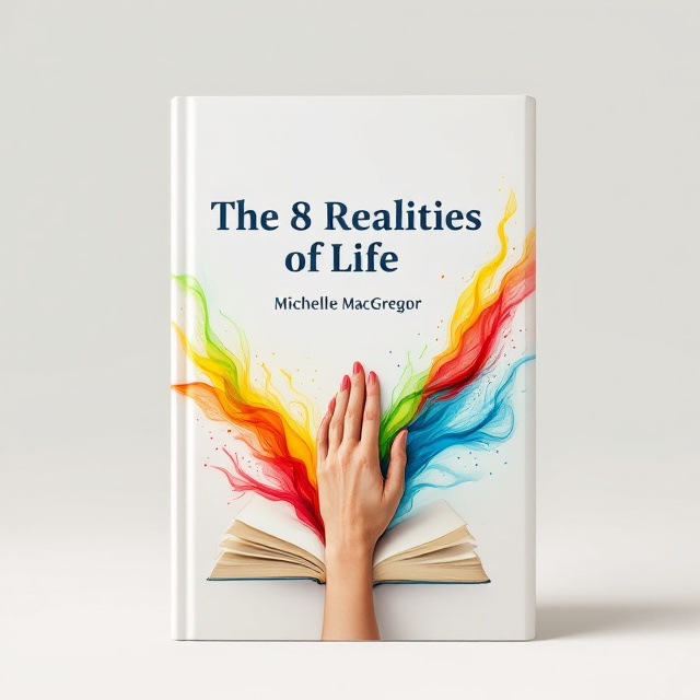 A hand is captured in mid-movement, poised elegantly on an open blank notebook with pages slightly fanned out, surrounded by swirling vibrant colors—red, yellow, green, and blue—that suggest creative energy and transformation. The notebook is set against a clean, light background, creating a sense of limitless possibilities and a blank slate for personal growth.
