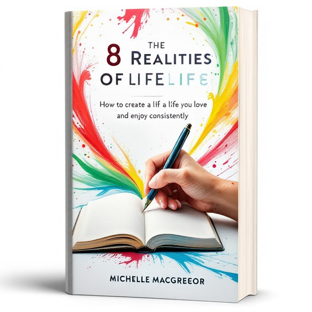 A hand is seen holding a pen, poised above a blank open notebook or journal. Surrounding the hand and the notebook/journal are swirling vibrant colors - red, yellow, green, and blue - that seem to dance with energy and creativity. The background is predominantly white or light, which adds to the clean and minimalist look. There are no symbols, and no person's face is shown; the focus is on the hand and the act of writing.