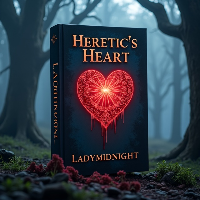 A dark, brooding forest serves as the backdrop, with ethereal mist weaving through ancient trees. In the center, a pulsating heart made of intricate runes, glowing faintly, hovers in mid-air, drips of blood falling to the forest floor. Dark shadows loom, with faint outlines of mythical creatures in the periphery.