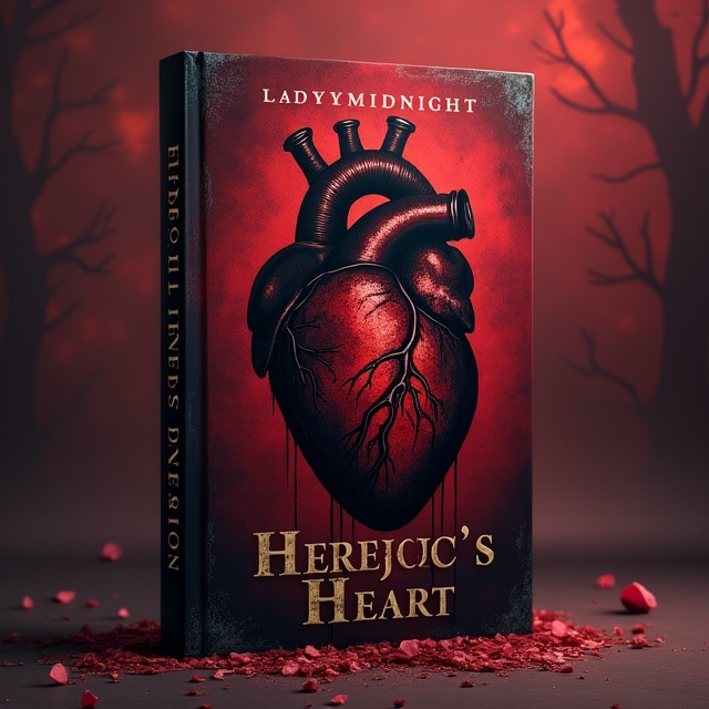 A large, realistic, and detailed illustration of a dark, anatomical human heart, partially drenched in dripping blood, centered on the cover. Surrounding this is an abstract, misty, and shadowy background with subtle elements of mystery such as faint silhouettes and tendrils. The background establishes a haunting, ethereal atmosphere with a wine-red dominant color palette, creating a foreboding and enigmatic mood.