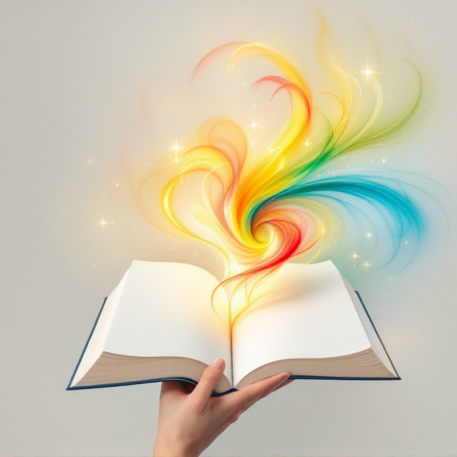 A hand is holding a pen, poised over a blank, open workbook with a gracefully curved page. The background is light and neutral, amplifying the swirl of vibrant, intermingling colors—red, yellow, green, and blue—forming an energetic aura around the workbook. These colors subtly blend, engulfing the empty page with an invisible sense of promise and creativity.