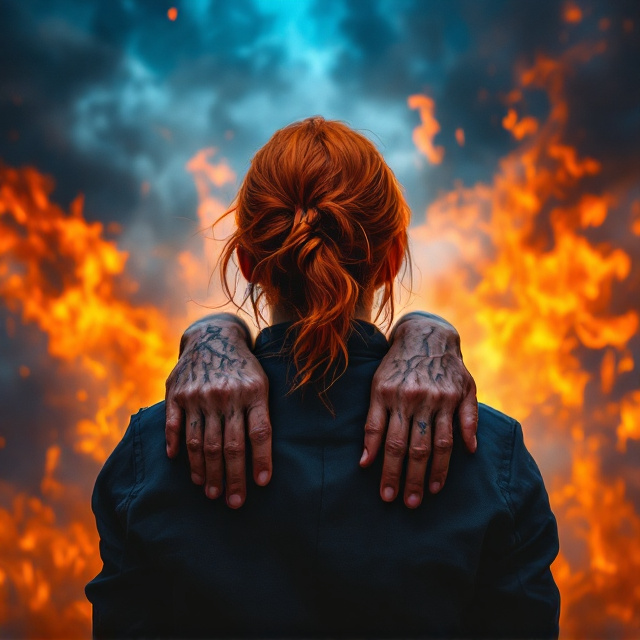 The cover features a dramatic scene where a woman with bright ginger hair stands with her back to the viewer, set against an intensely vivid sky ablaze with swirling blue and orange flames. This fiery backdrop evokes a sense of urgency and action. On her shoulders rest two distinct hands the hand on the left is broad and scarred, suggesting a life of hardship, while the hand on the right is leaner but no less strong, indicating resilience and strength. The contrast between the hands adds mystery, hinting at intertwining stories of two men.