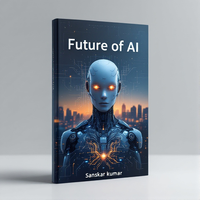 A futuristic robotic figure dominates the center of the cover, with intricate circuits and glowing elements. The background fades into a cityscape, subtly merging technology with the human world. A digital grid pattern overlays the scene to create depth and futuristic appeal.