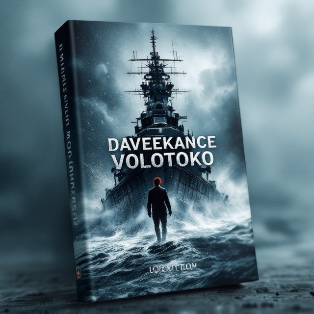 A powerful and dynamic scene depicting a battleship emerging through stormy seas, with a subtle outline of Ukraine in the background. The foreground features the silhouette of a red-haired man, symbolizing the protagonist. The color palette comprises dark blues and grays, invoking a sense of epic adventure and impending war.