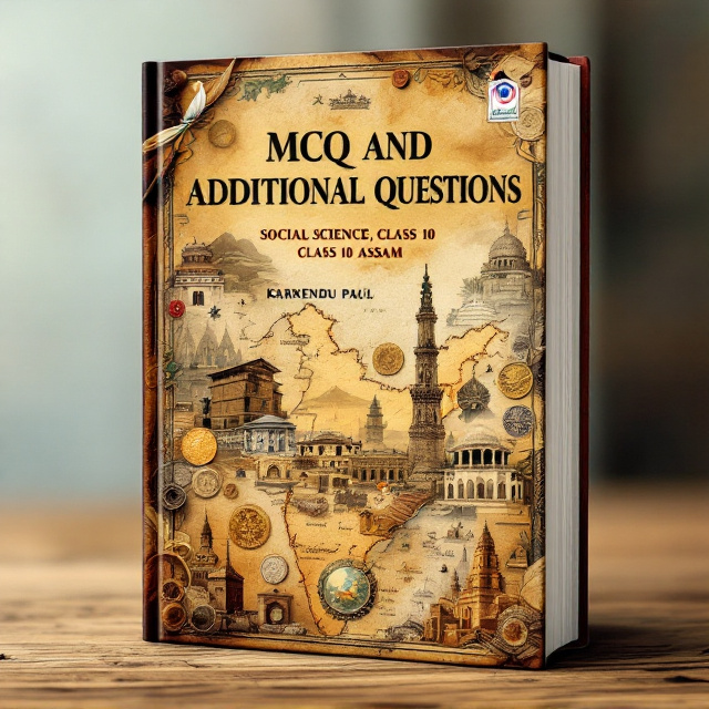 The cover features a rich tapestry of historical and geographical elements. In the background, there's a faded antique map of Assam blended with symbols representing India and the broader world, such as ancient coins, a quill, and a subtle silhouette of the UNO building. The title stands prominent at the top with an elegant classic font style, while images of significant historical landmarks and an aged parchment texture enhance the cover's scholarly feel.
