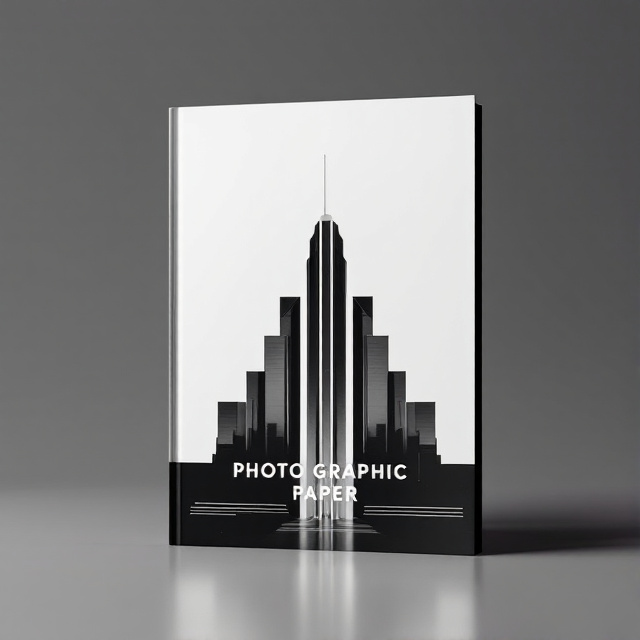 A striking black and white high-contrast photograph of a well-known architectural landmark, centered with geometric precision. Subtle reflections and shadows accentuate the depth. The background features a soft gradient transitioning from dark gray to light silver.