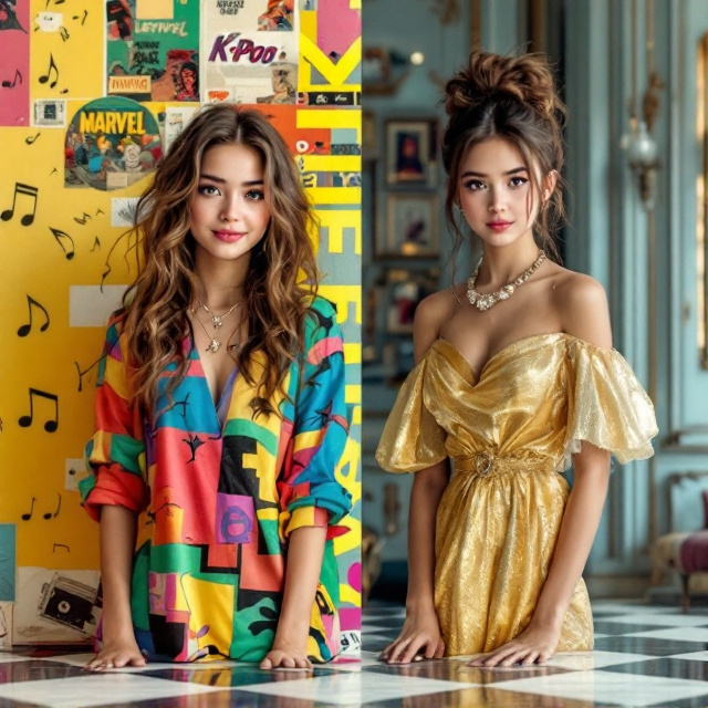 On the left side of the book cover, there is a brightly colored background that exudes energy and vibrancy. It features musical notes, vintage Marvel comic book covers, and K-pop posters, creating a collage effect. A girl stands confidently against this backdrop, dressed in colorful attire. Her long, wavy brown hair flows freely, with a few strands playfully tousled. She has hazel eyes that express determination and hope, and she smiles with an aura of rebellious spirit. On the right side of the cover, the background shifts to a darker tone, depicting a luxurious ballroom with rich furniture and elegant, ornate patterns. Another girl dressed in an elegant pastel golden shimmery off-the-shoulder dress stands against this background. Her brown hair is styled in an updo, hazel eyes dimmed with a sad expression. She wears a huge, rich necklace, and her expression conveys sadness and frustration.
