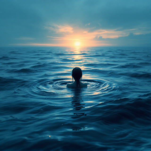 A surreal scene of a girl delicately floating in the center of a vast ocean, her silhouette softly blending with the rolling waves. The sky above transitions from the deep blue of twilight to the first hint of dawn, casting soft reflections on the water. The background is minimally detailed to draw focus to the girl's serene yet haunting posture, symbolizing both vulnerability and strength within chaos.